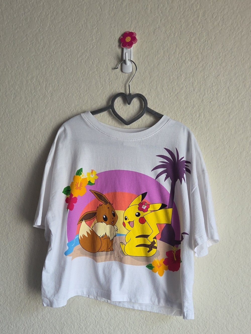 Zara White Kids Graphic Tee with Yellow Pikachu & Brown Eevee
